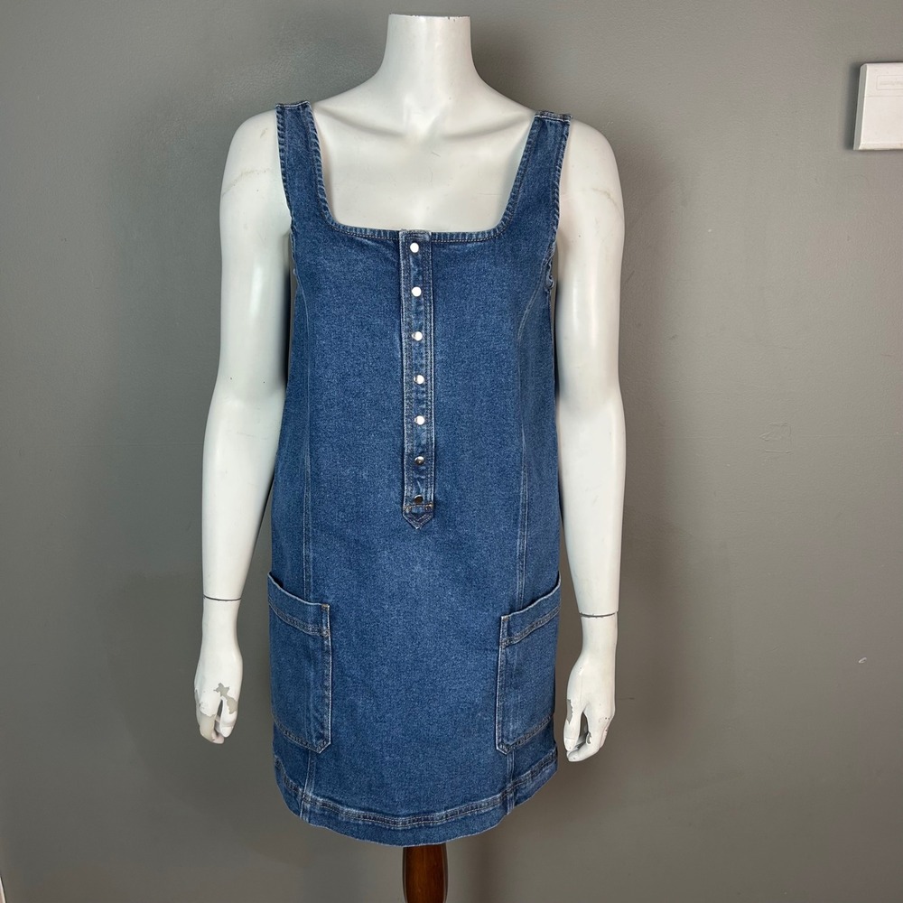 Sezane Robe Adria Denim Mini Dress size 2 Blue Organic Cotton Snap Front NWT
